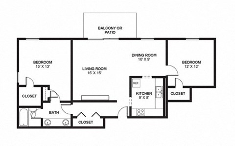 Floor plan for 2 beds, 1 bath, 1015 sqft
